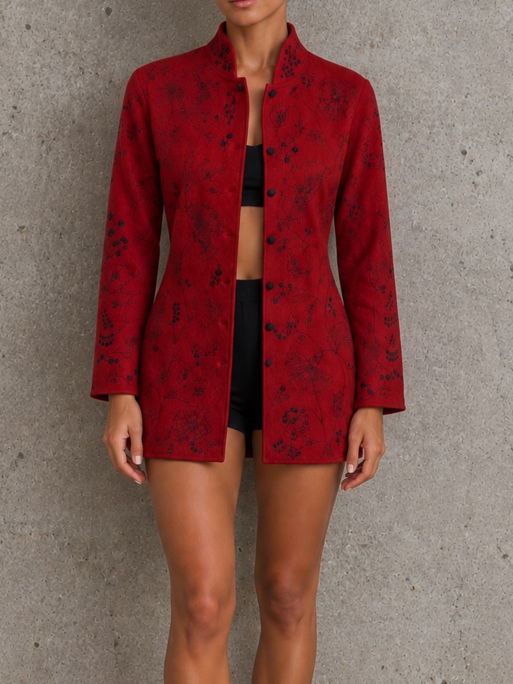 Vintage Wool Embroidered Jacket Red Floral & Ginkgo Paraphrase M